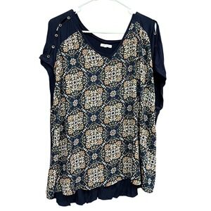 Maurices Blouse Floral Print Button Cold Shoulder Top Navy‎ Blue Size 2 - 2XL